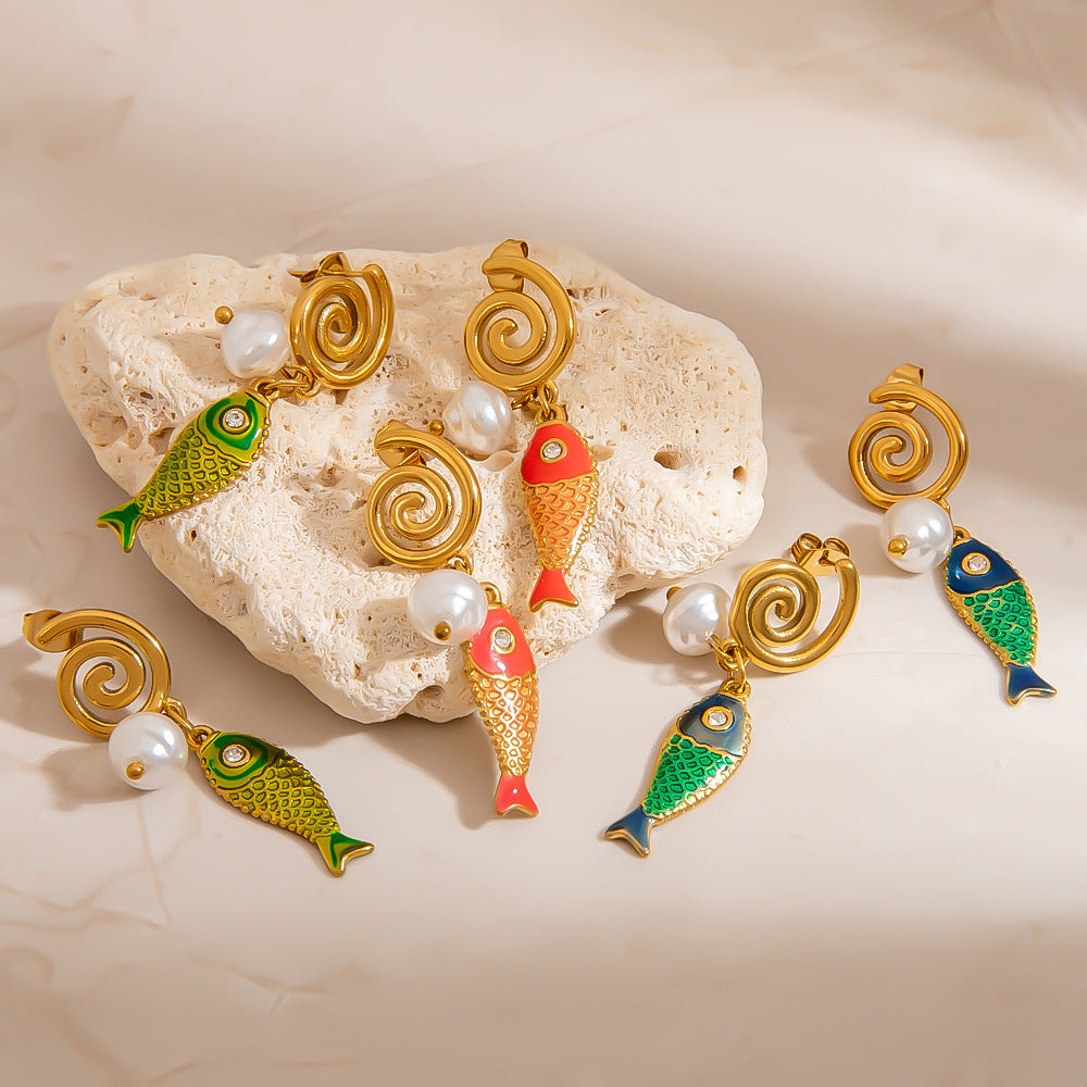 Colorful Fish Pendant DIY Stainless Steel Earrings for Women