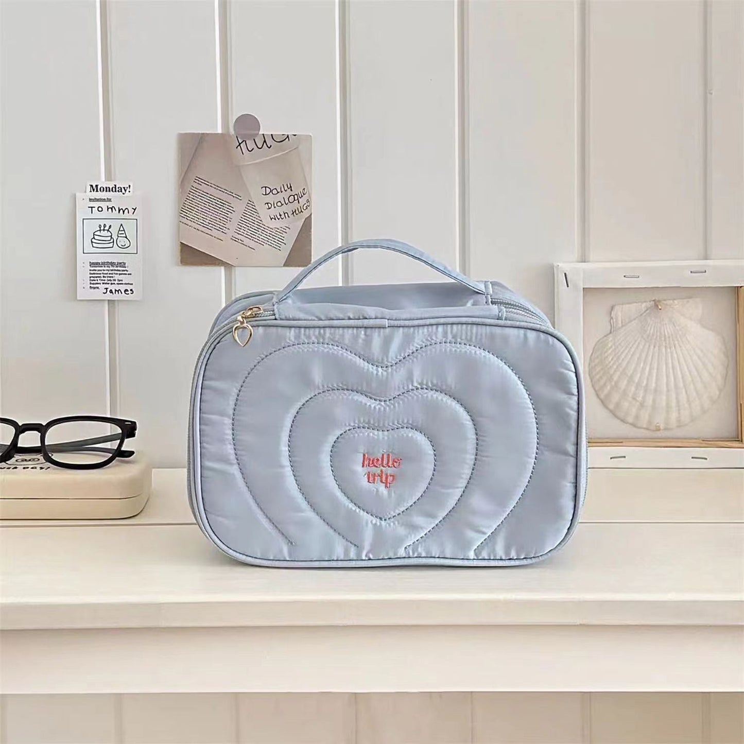 Salt Blue Portable Makeup Bag Embroidered Travel Organizer