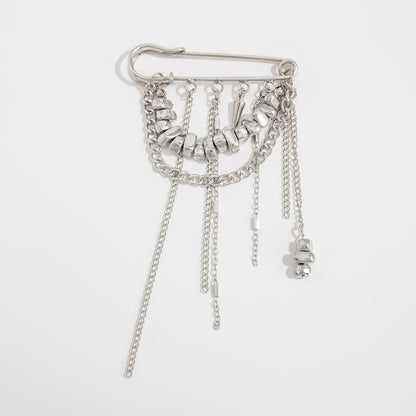 Trendy Metal Chain Tassel Brooch Pin With Stone Detail