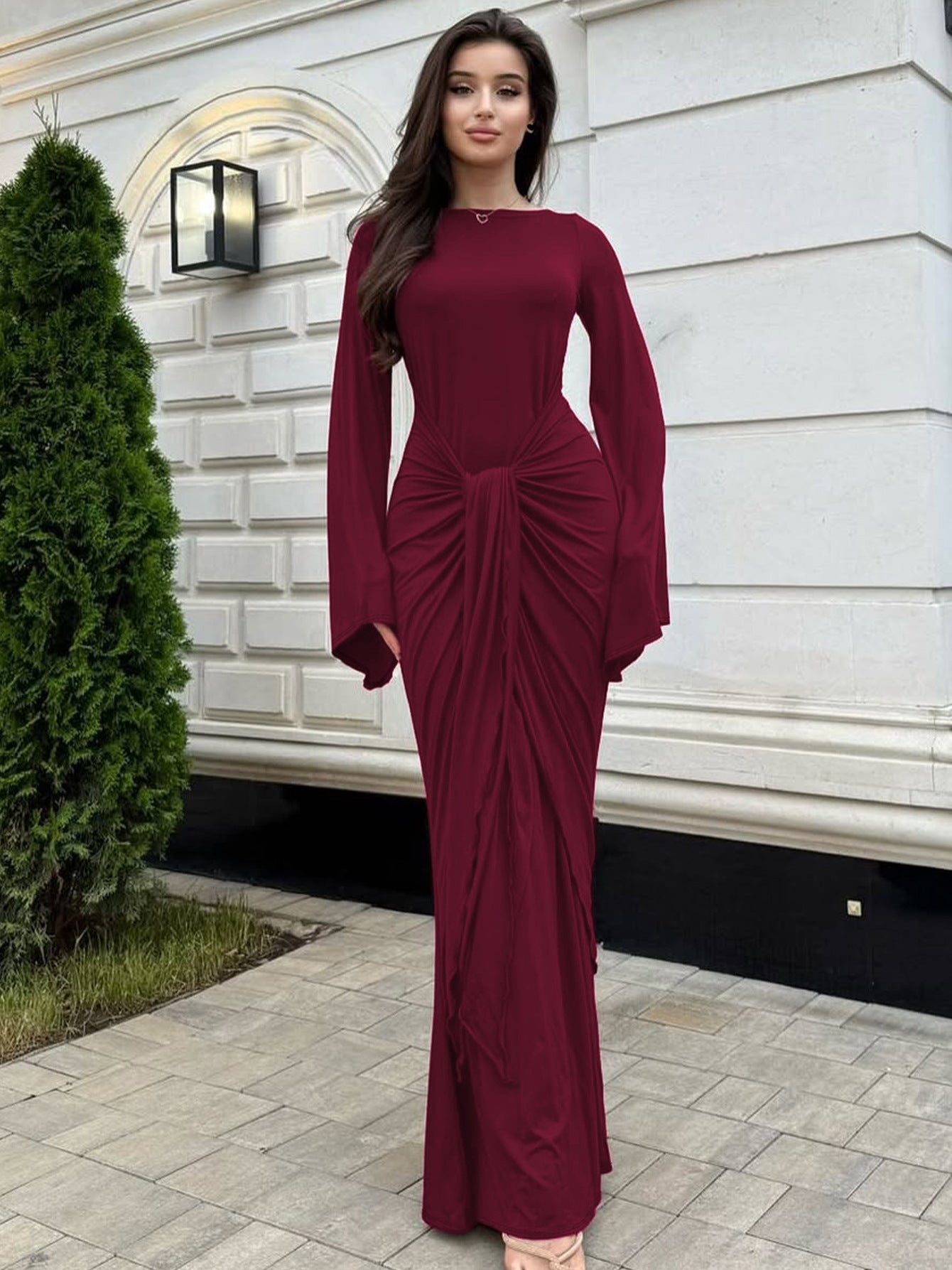 Elegant Ruched Waist Long Sleeve Dress