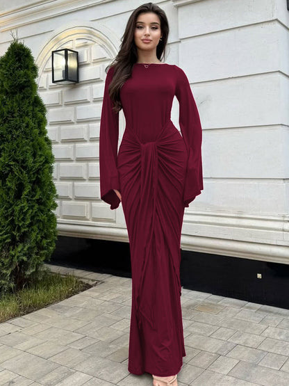 Elegant Ruched Waist Long Sleeve Dress