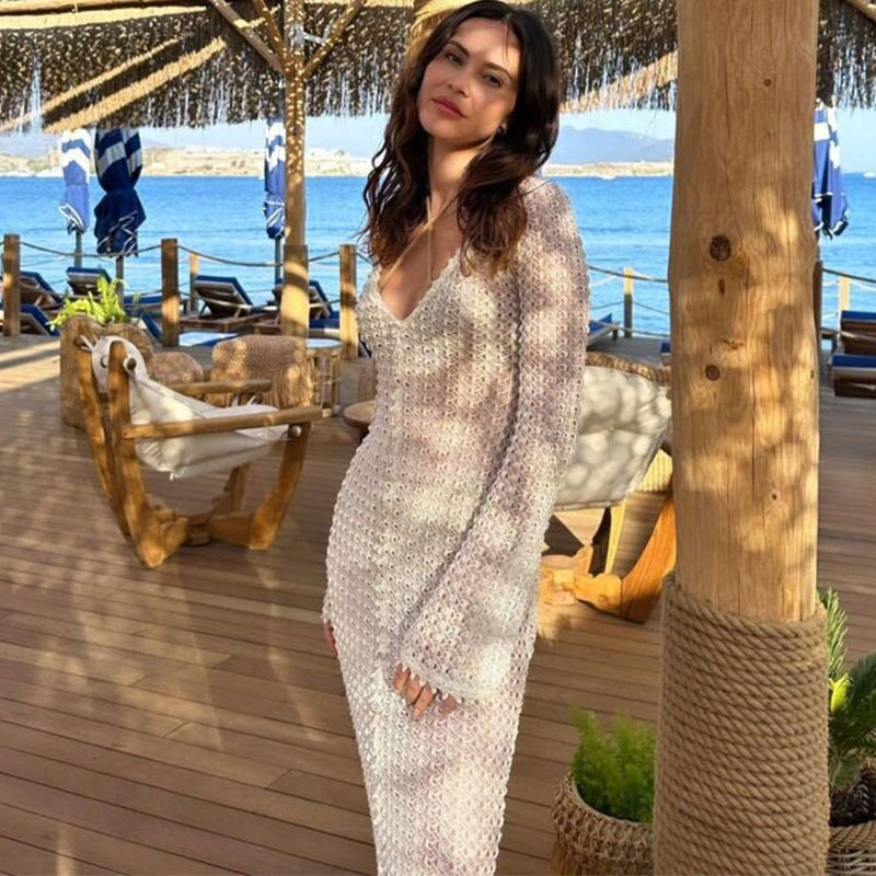 Sexy V-Neck See Through Slim Swim Cover Dress