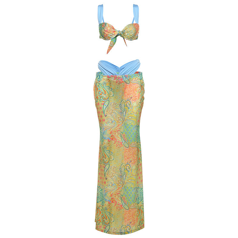 Color Block Printed Tie-Front Top And High Waist Skirt Set