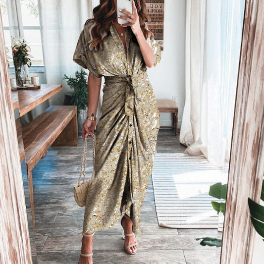 Trendy V-Neck Printed Maxi Dress Elegant Commuter Style