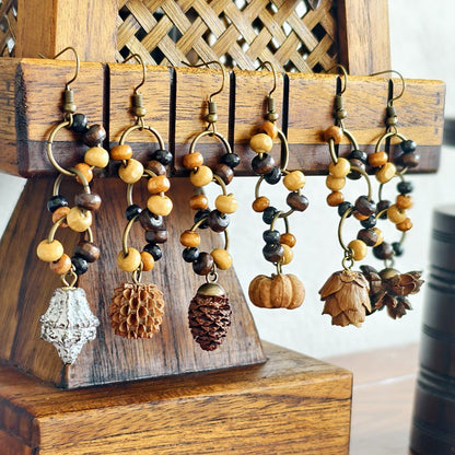 Botanical Pattern Wooden Bead Dangle Earrings