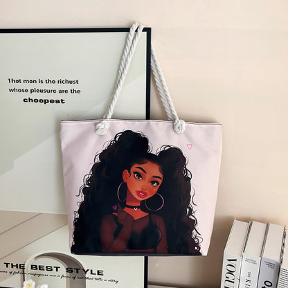 Trendy Cartoon Print Shoulder Tote Bag Durable Oxford Cloth Bag