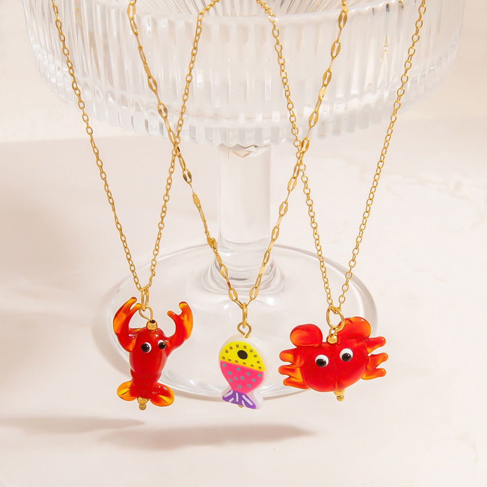 Ocean Series Crab Glass Pendant Necklace 18K Gold Plated