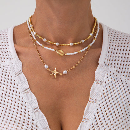 Trendy Pearl Bead Layered Necklace With Shells And Stars
