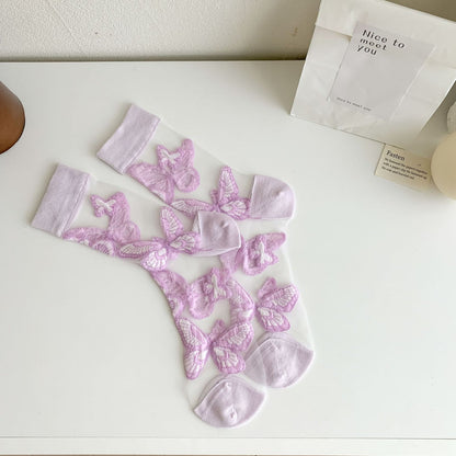 Rufia - Purple Butterfly Floral Sheer Socks