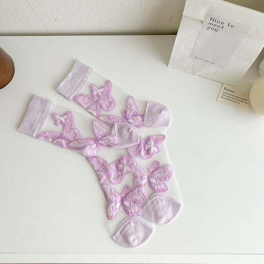 Rufia - Purple Butterfly Floral Sheer Socks