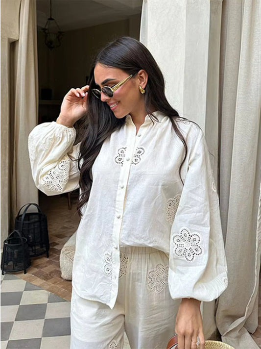 Elegant White Lace Two-Piece Set Sleeveless Blouse And A-Line Skirt