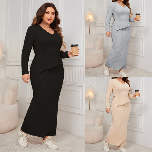 Plus Size Loose Fit Fashion Two-Piece Skirt Set With Long Sleeves