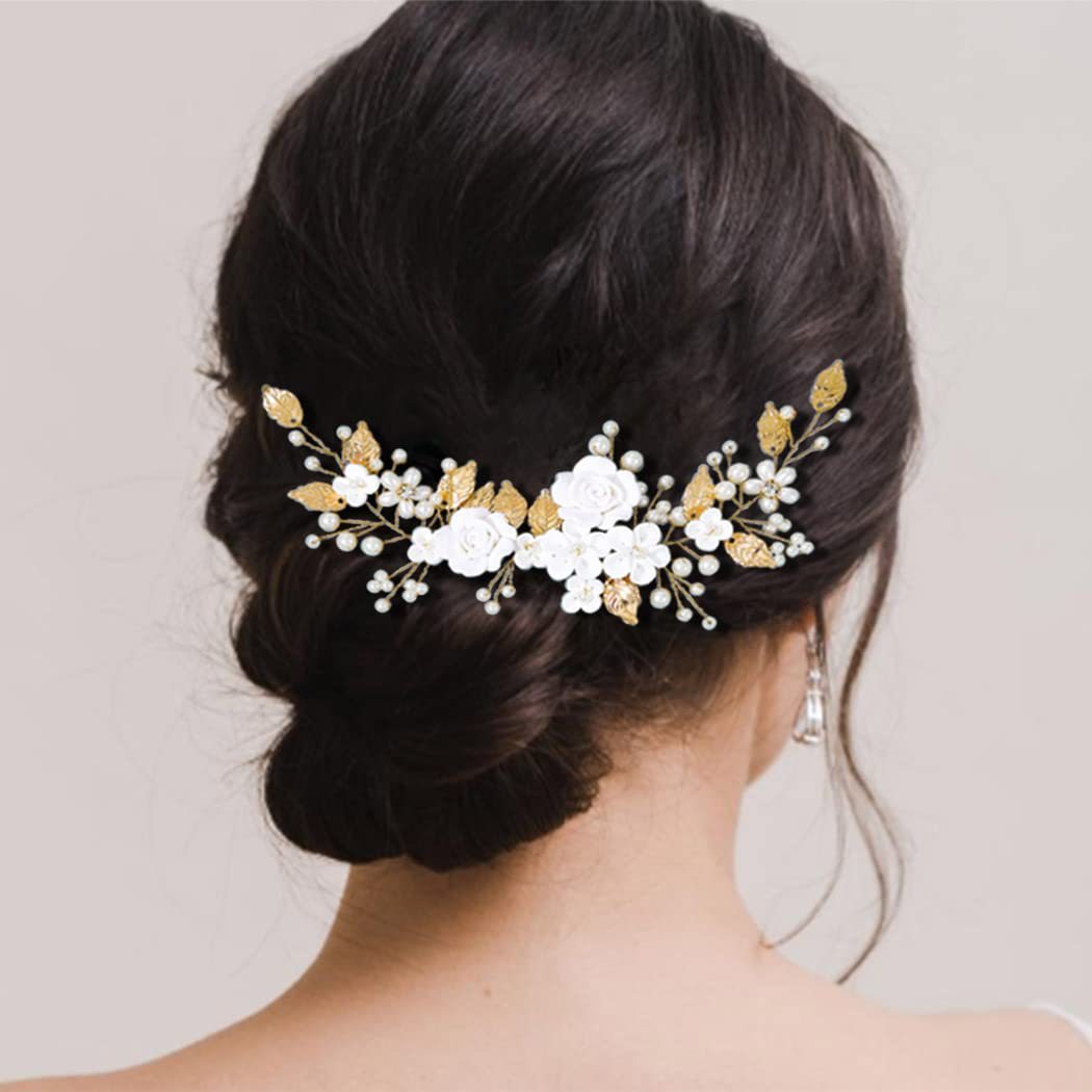 White Soft Clay Flower Headband with Silver Alloy Leaves for Weddings