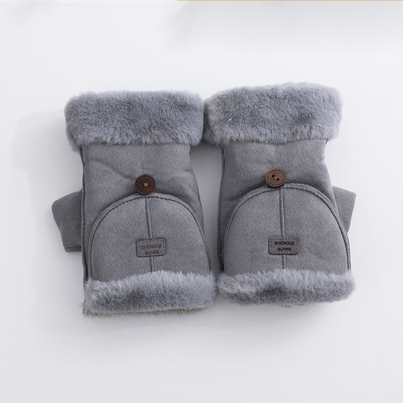 Winter Suede Convertible Thermal Fingerless Mittens Gloves