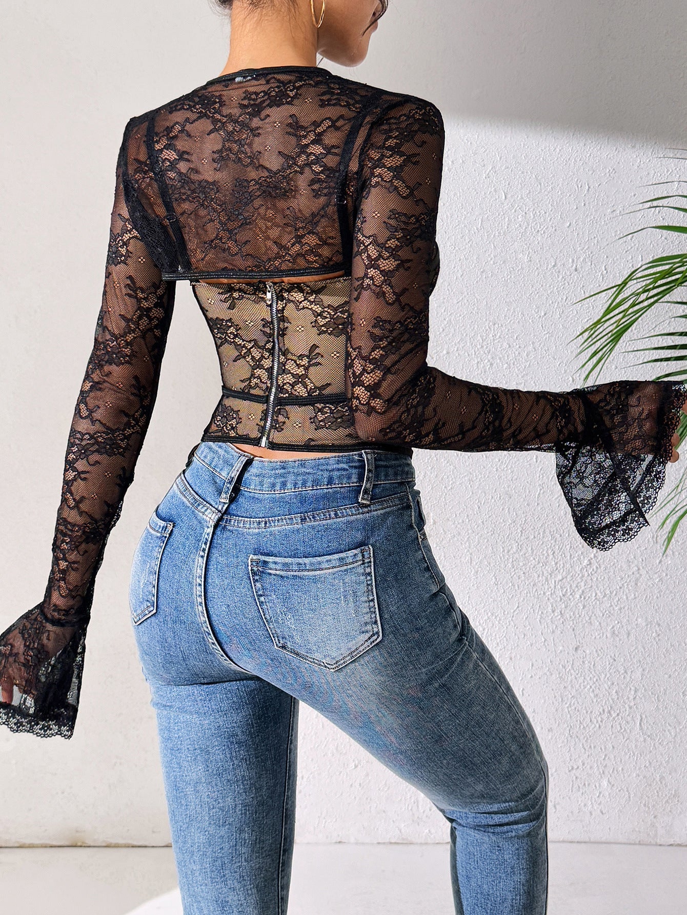 Sheer Lace Backless Long Sleeve Two-Piece Set