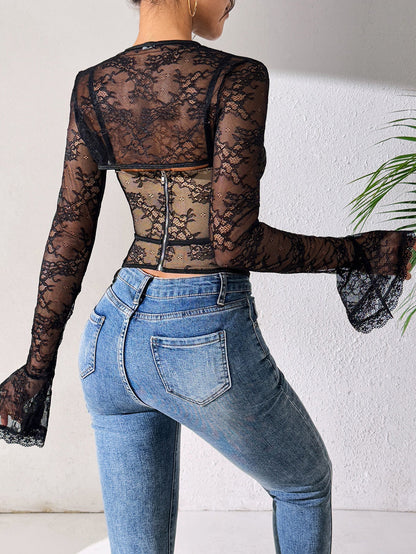 Sheer Lace Backless Long Sleeve Two-Piece Set
