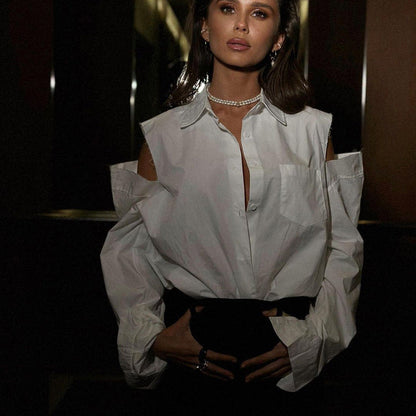 Chic White Long Sleeve Button-Up Shirt With Cold Shoulder
