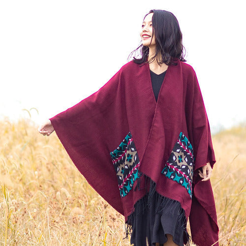 Open Fork Pockets Fethnic  Scarf Women With Spring And Autumn Outside With Air-Conditioned Shawl Cloak