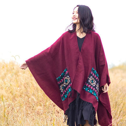 Open Fork Pockets Fethnic  Scarf Women With Spring And Autumn Outside With Air-Conditioned Shawl Cloak