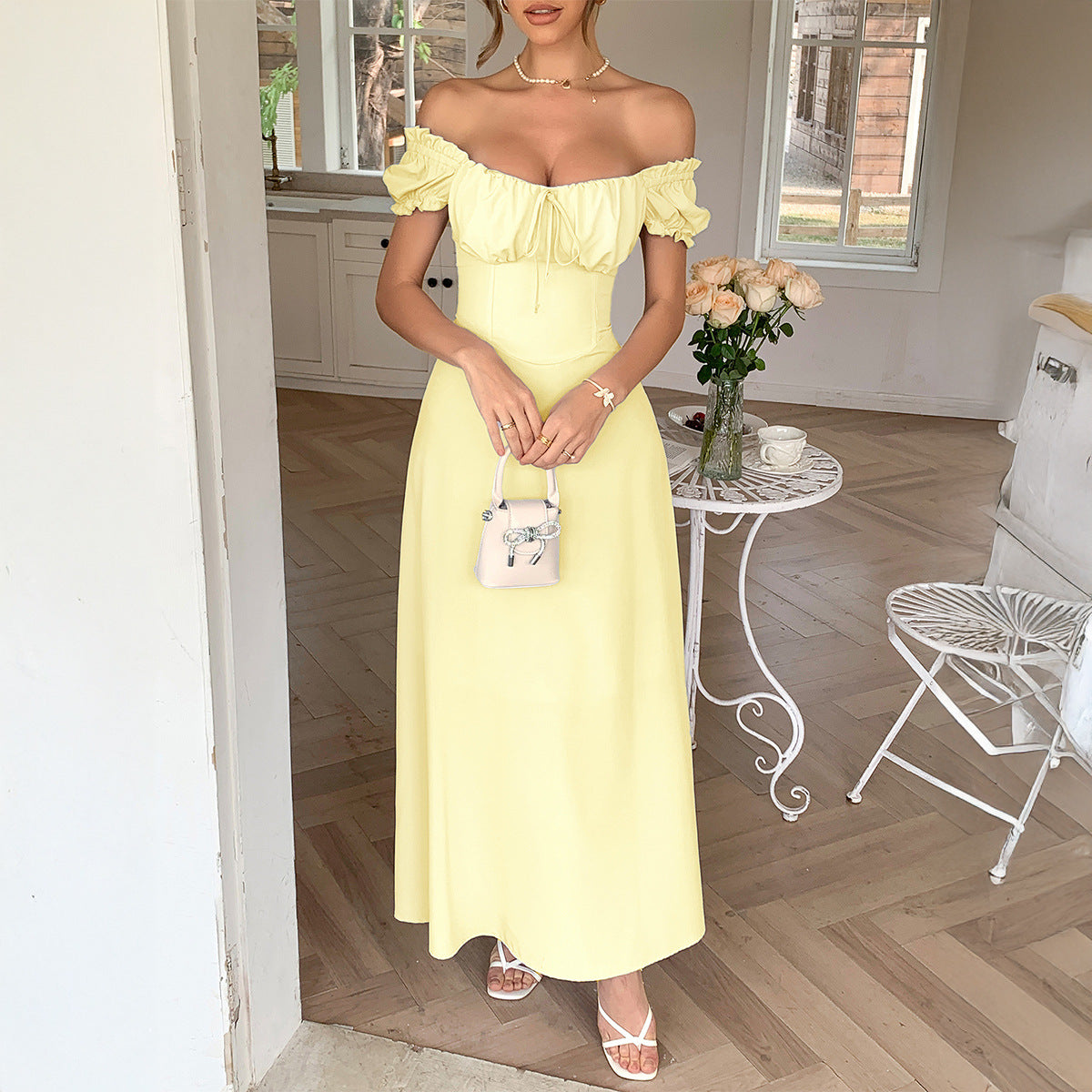 Elegant One-Shoulder Long Dress with Short Sleeves