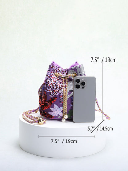 Elegant Floral Embroidered Sequin Mesh Color Block Bucket Bag