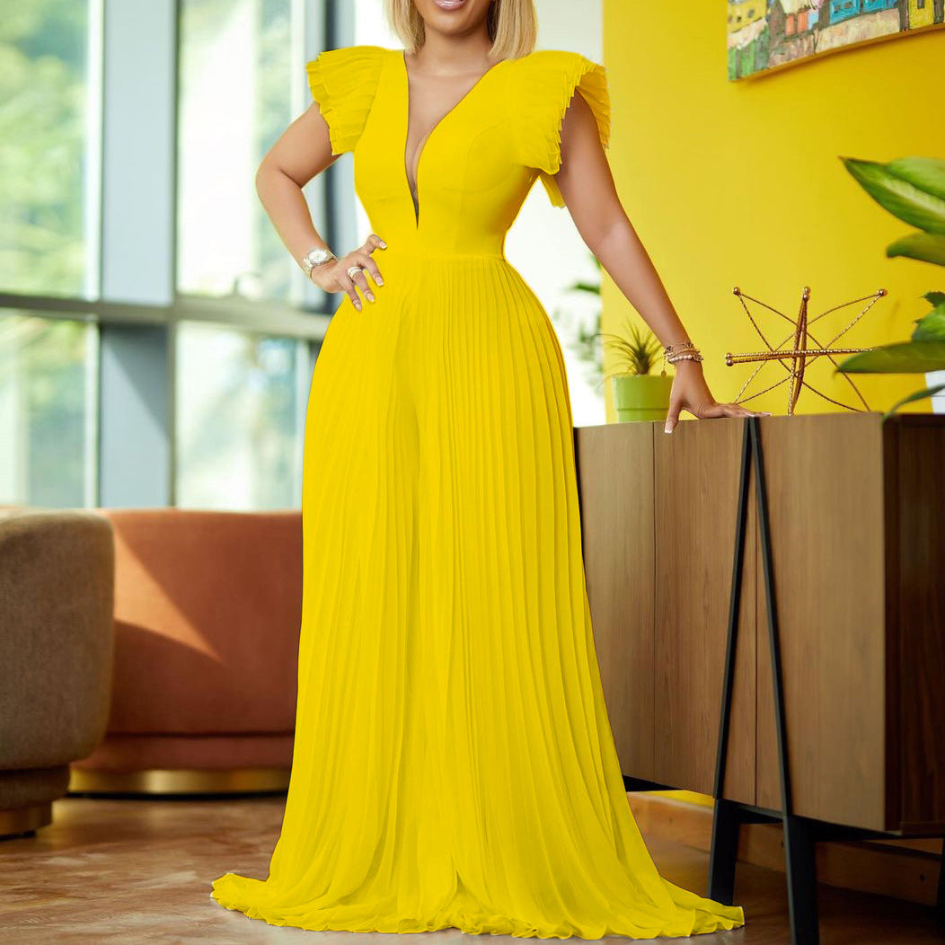 Elegant Deep V-Neck Pleated Wide-Leg Jumpsuit