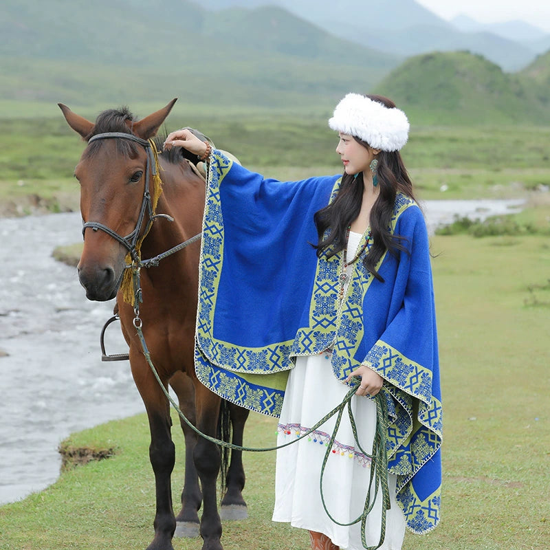 Tibetan Great Retro Totem Red Warm Outer Shawl Women'S Scarf Autumn And Winter Cloak Big Cloak