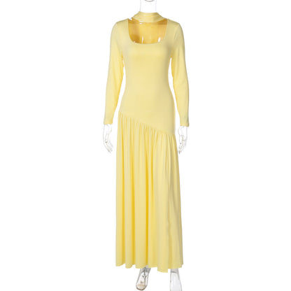 Elegant Color-Block U-Neck Long Sleeve Dress