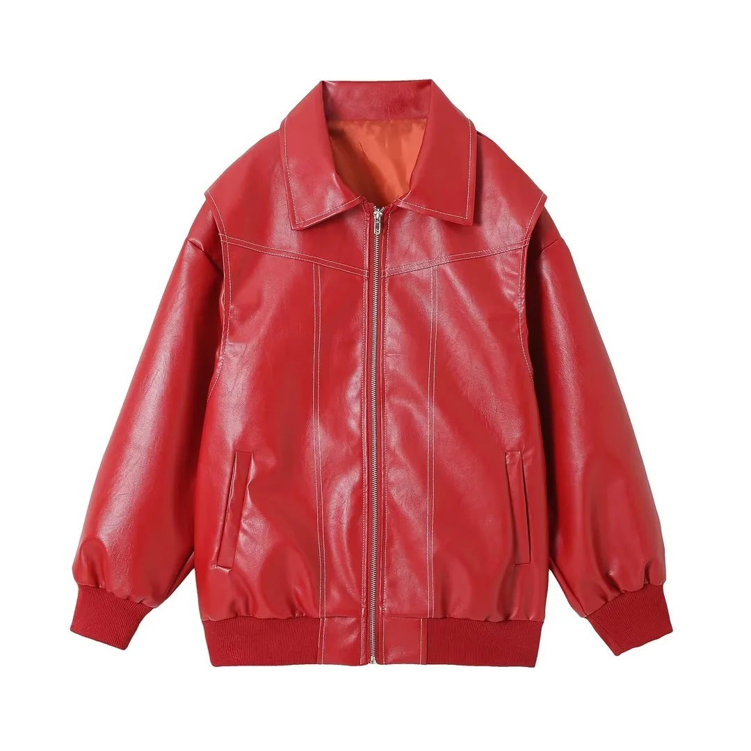 Vintage Splicing Lapel Leather Oversize Jacket