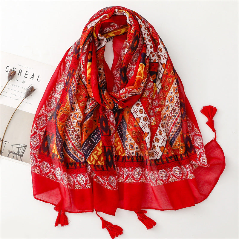 Japanese Literary And Artistic Fresh Cotton And Linen Scarf Retro Patchwork Bohemian Cashew Print Silk Scarf Beautiful Sunscreen Scarf