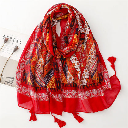 Japanese Literary And Artistic Fresh Cotton And Linen Scarf Retro Patchwork Bohemian Cashew Print Silk Scarf Beautiful Sunscreen Scarf