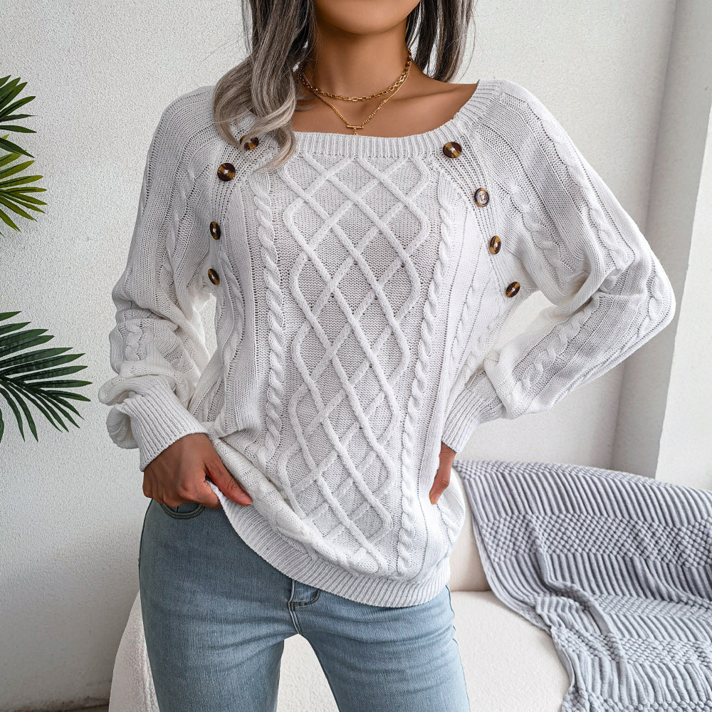 2025 Autumn And Winter Casual Square Collar Nail Button Twist Knitted Pullover Sweater