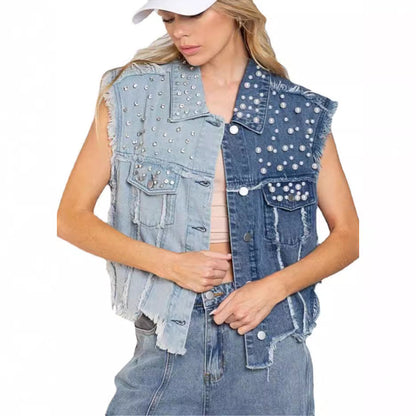 Denim Vest With Rhinestone Detail Loose-Fit Casual Top