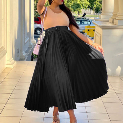 High Waist A-Line Midi Skirt With Belt In Solid Colors