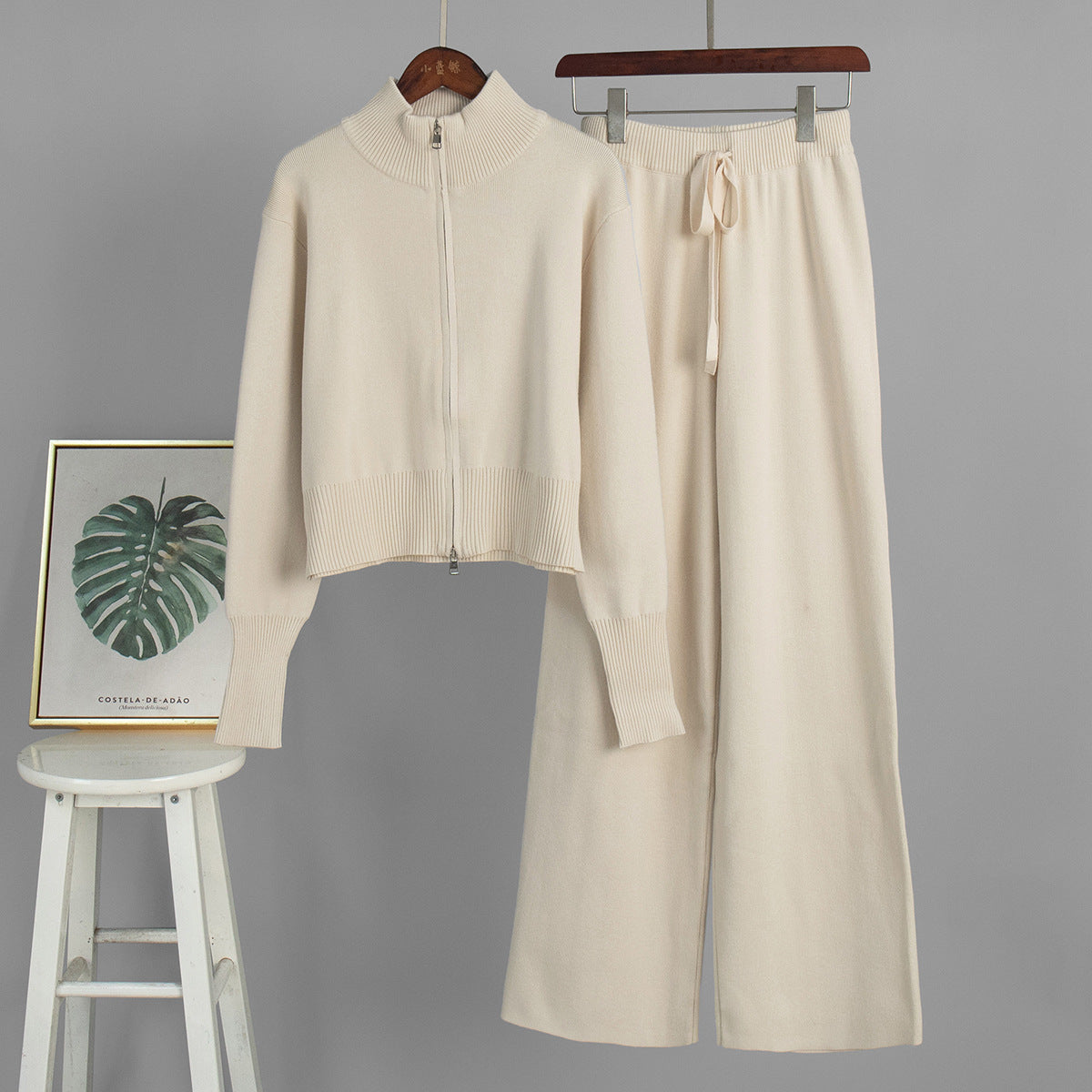 Chic Knitted Zipper Cardigan and Pants Set