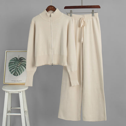 Chic Knitted Zipper Cardigan and Pants Set