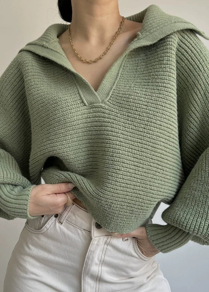 Ribbed Knit Sweater With Structured Collar