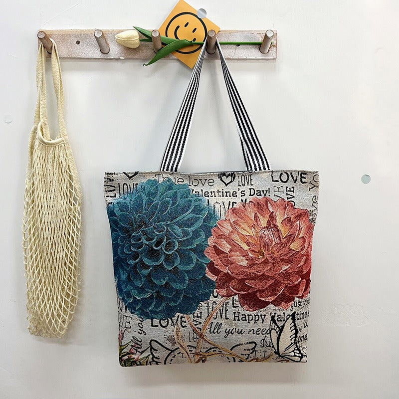 Large Capacity Tote Bag with Golden Embroidery Creative Pattern