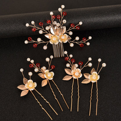 5-Piece Vintage Bridal Hair Clips with Pearls and Gold Leaves
