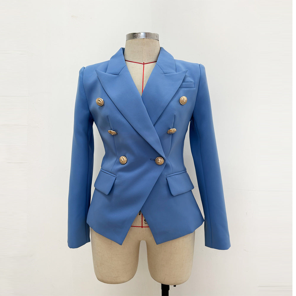 Trendy Double-Breasted Lion Button Blazer in Lake Blue