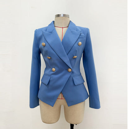 Trendy Double-Breasted Lion Button Blazer in Lake Blue
