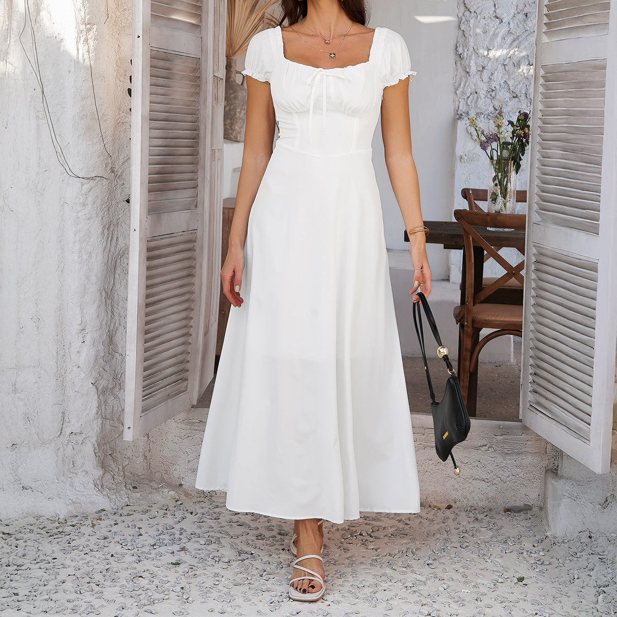 Elegant Solid Color A-Line Dress with Puff Sleeves