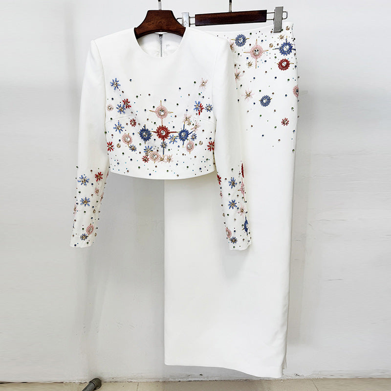 Trendy Beaded Short Jacket And Maxi Skirt Set