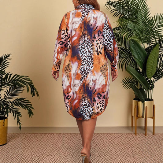 Leopard Print Polo Dress Elegant Long Sleeve Maxi Dress
