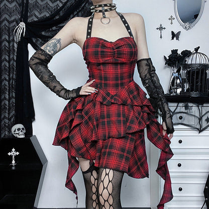 Backless Red Checkered Bodycon Dress