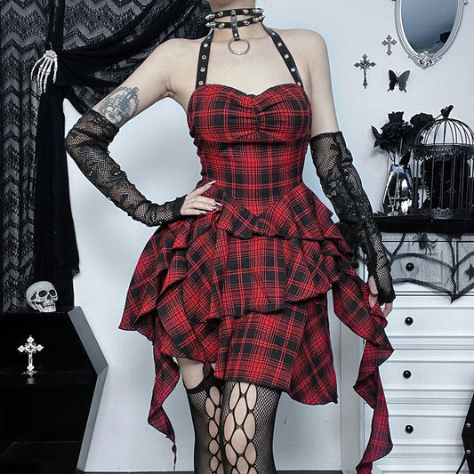 Backless Red Checkered Bodycon Dress