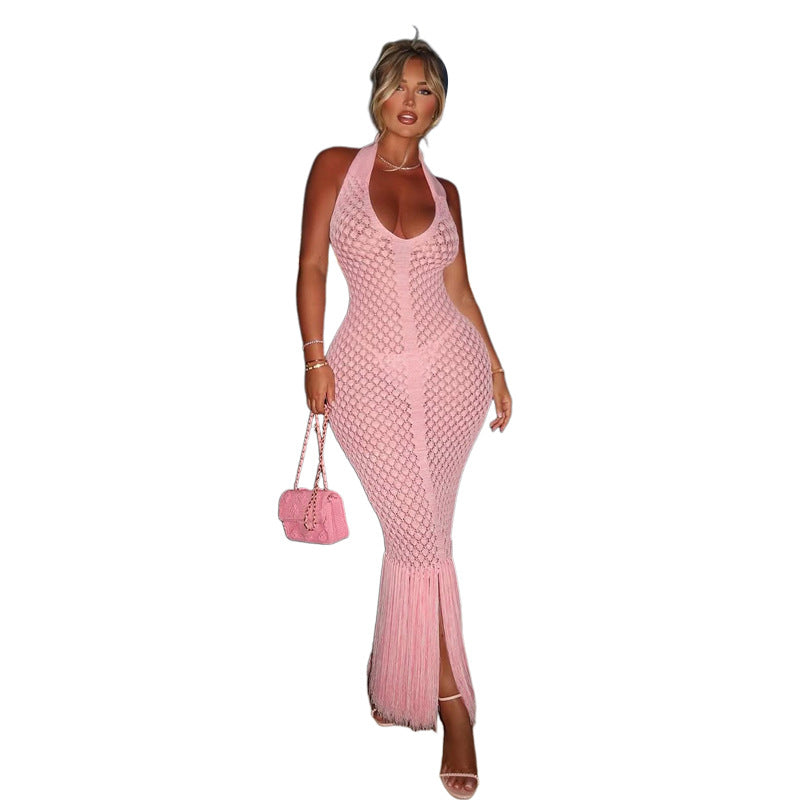 V Neck Backless Long Dress Chic Fringe Evening Dress