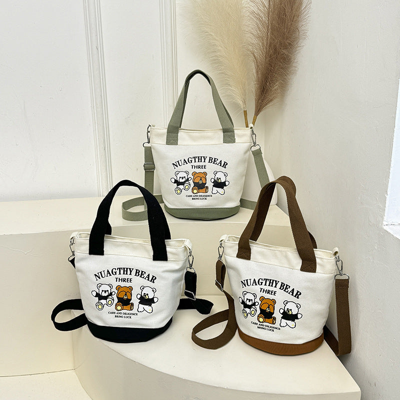 Cute Bear Canvas Tote Bag Portable Lunch Bag for Daily Use