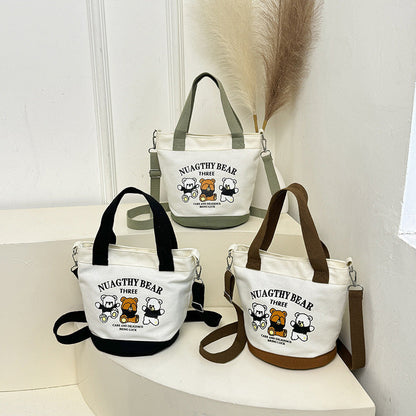 Cute Bear Canvas Tote Bag Portable Lunch Bag for Daily Use