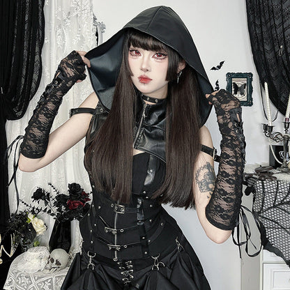 Cyber Leather Hooded Crop Top Gothic Streetwear